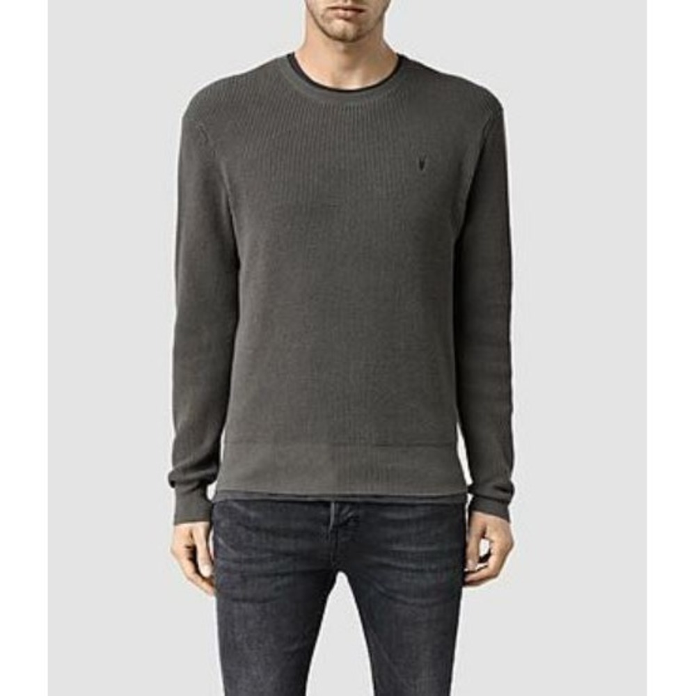 AllSaints Stein Crew Jumper Mens XS Green Waffle Knit Cotton Ramskull MK014J